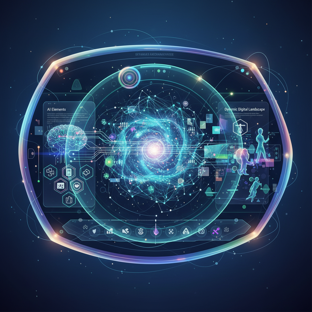 A futuristic web browser interface with AI elements, showcasing a dynamic and evolving digital landscape, stylized as an infographic. No text.