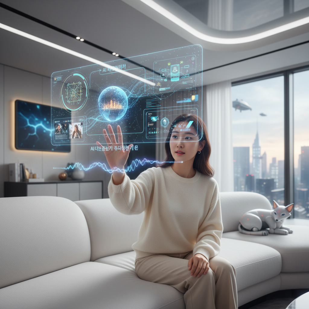 A user interacting with a futuristic browser using natural language, with a Korean user in the foreground, showing AI interpreting commands and displaying search results. Style: lifestyle photography. No text.