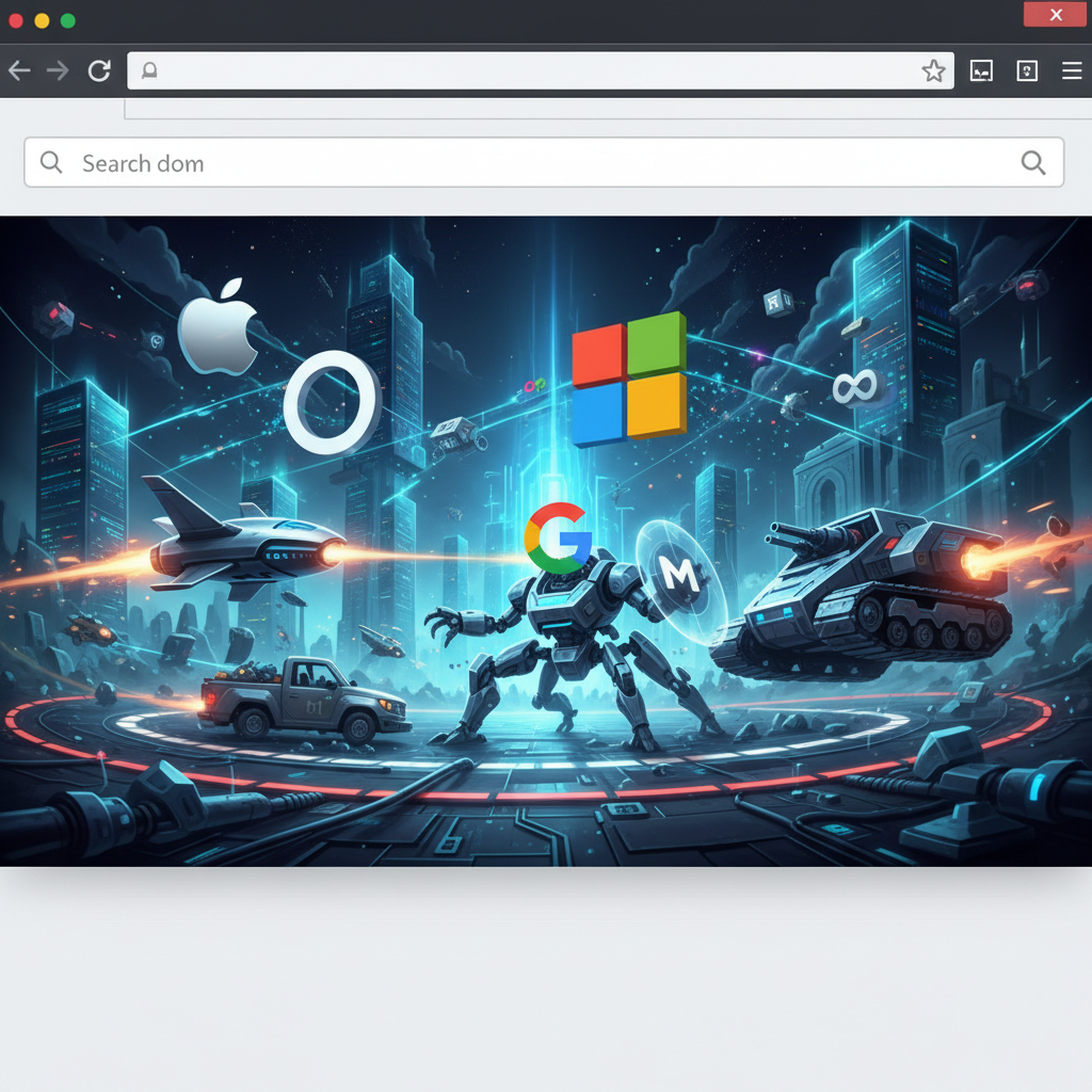 An infographic illustrating various tech companies' logos (like OpenAI, Microsoft, Google) in a competitive race or battle scene within a browser interface, symbolizing the browser wars. No text.