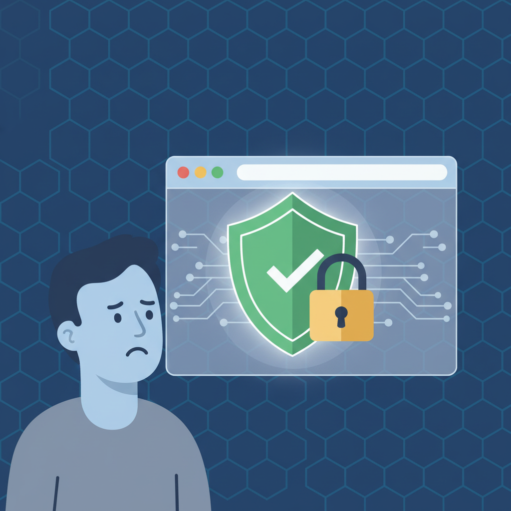 A user looking cautiously at a web browser screen with a lock icon and a shield, indicating security concerns and data protection. Style: infographic. No text.