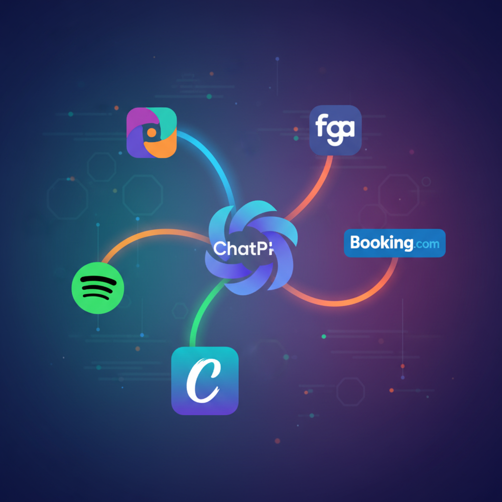 Digital illustration showing various popular app logos (Spotify, Figma, Canva, Booking.com) connected to ChatGPT with flowing connection lines. Modern tech aesthetic with gradient background, vibrant colors, no text.