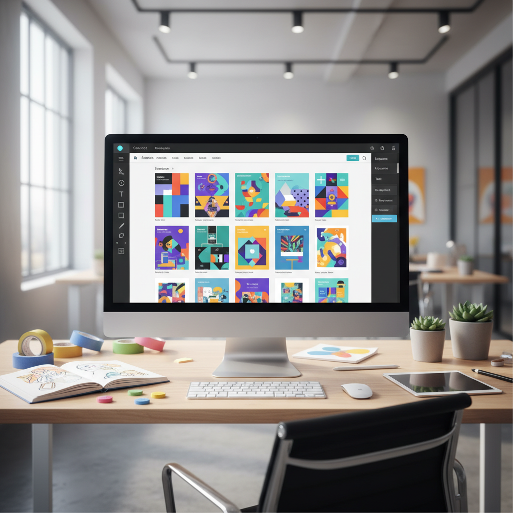 Computer screen displaying Canva interface with colorful design templates and editing tools. Creative workspace atmosphere with design elements, bright professional lighting, modern office setting, no text.