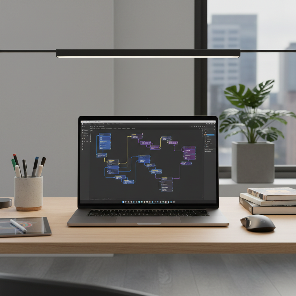 Modern workspace showing Figma interface on laptop screen with flowcharts and diagrams. Clean desk setup with design tools, professional lighting, minimalist office environment, no text.