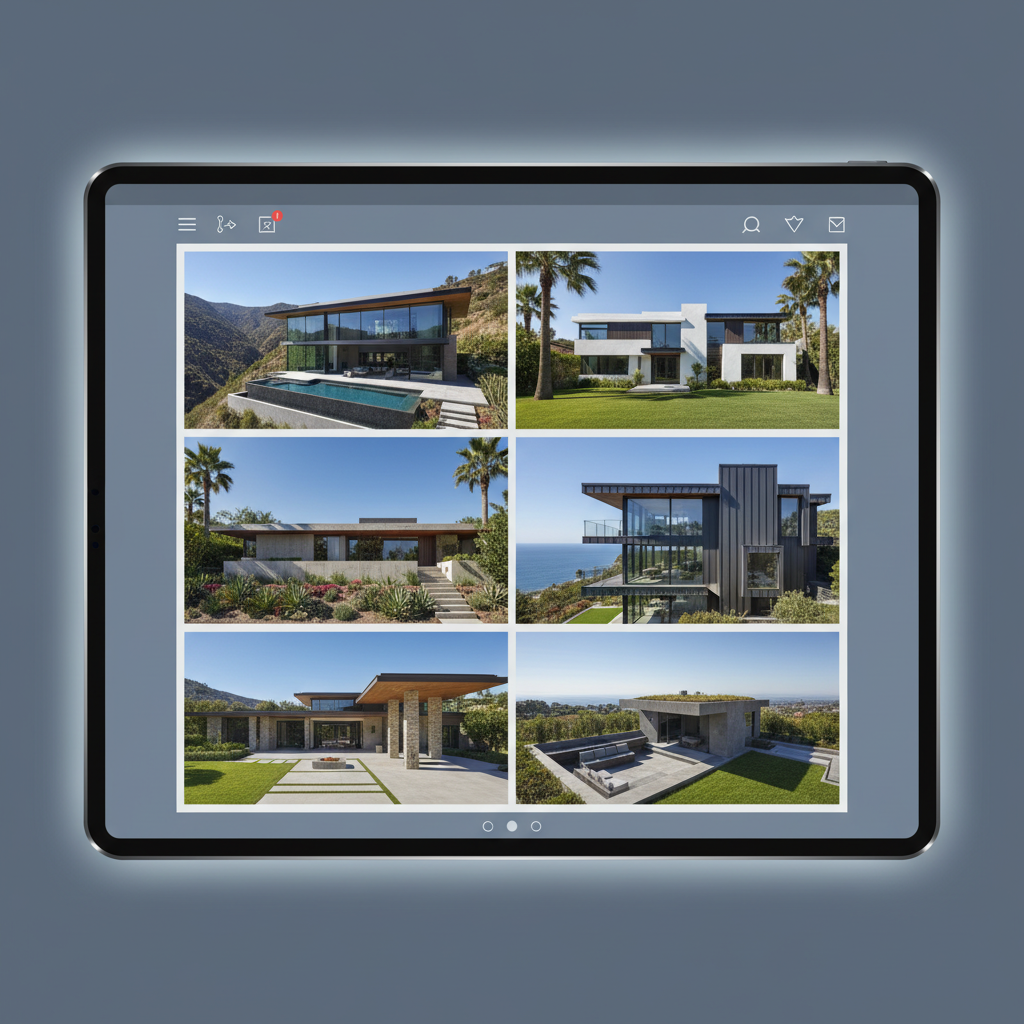 Real estate search interface showing house listings with photos of modern homes. Clean property photos with attractive homes, bright daylight photography, professional real estate presentation style, no text.