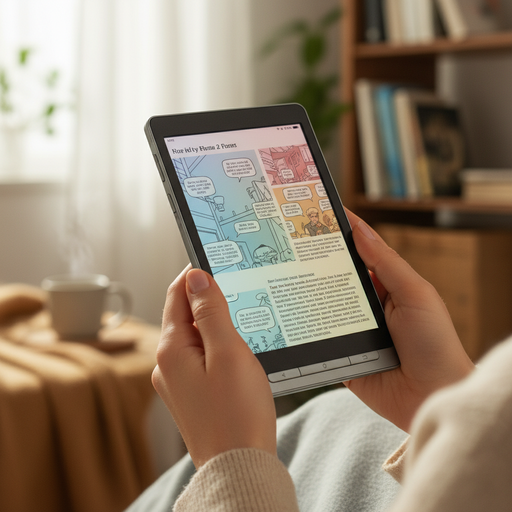 A person's hands holding the Boox Palma 2 Pro, displaying a vibrant yet subtle color E Ink screen. The screen shows a magazine or comic with visible, readable colors. Focus on the reading experience. Lifestyle photography, soft lighting. No text.