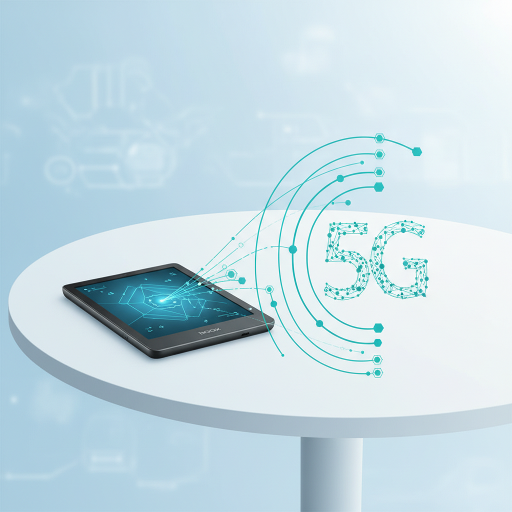 The Boox Palma 2 Pro e-reader on a table, next to a subtle visual representation of 5G network waves or a small 5G icon. The device looks connected and modern. Clean infographic style, bright lighting. No text.