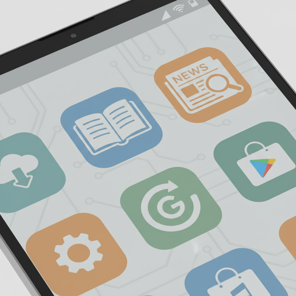 A close-up of the Boox Palma 2 Pro screen showing various app icons from the Google Play Store, such as a reading app, a news app, and a browser. Emphasize the Android ecosystem. Clean, clear visual, infographic style. No text.