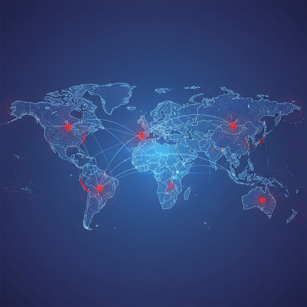 An infographic showing a world map with network lines, some broken or red, indicating a global internet or cloud service outage. Focus on the interconnectedness and disruption. Clean infographic style, no text.