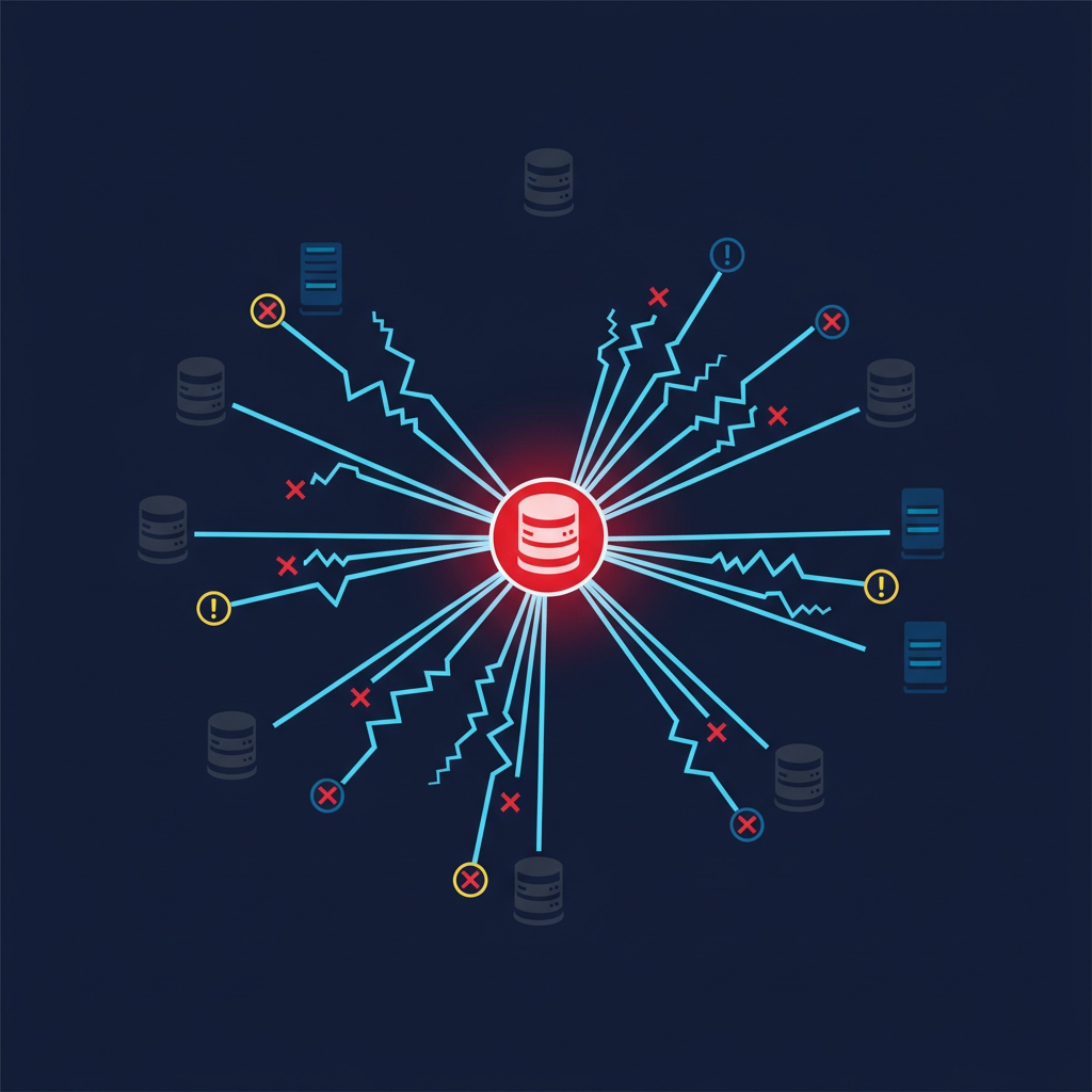 An infographic showing a central server node in a network diagram, highlighted in red to signify a 'single point of failure.' Multiple connections radiating from it are broken or show error icons, illustrating a cascading failure. Clean, technical style, no text.