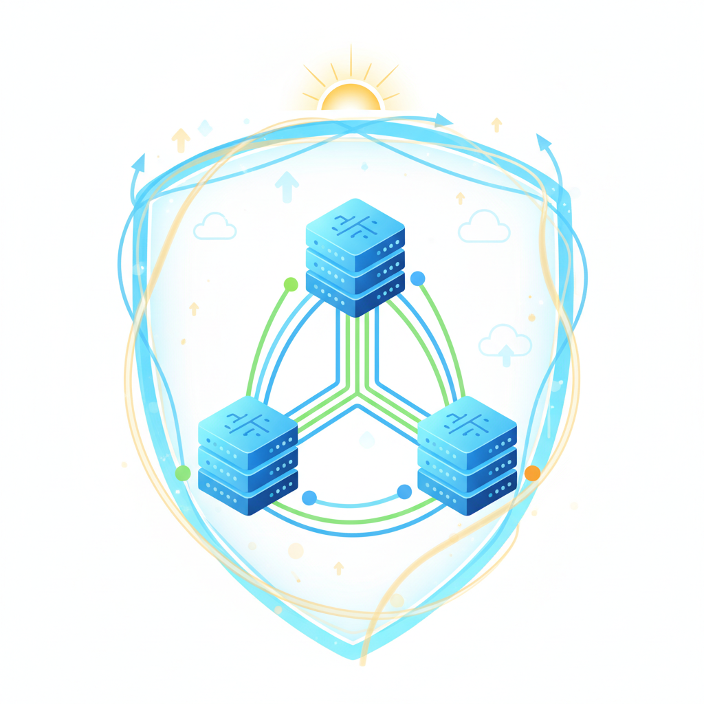 An optimistic infographic illustrating cloud resilience and multi-region design. Show several data centers interconnected, with redundant paths and a protective shield or stable flow. Clean infographic style, no text.