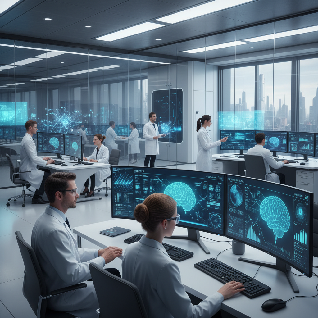 Modern AI research laboratory with multiple computer screens displaying neural network patterns and data analysis. Scientists working on AI safety research, clean and professional environment with futuristic technology, bright lighting, no text.
