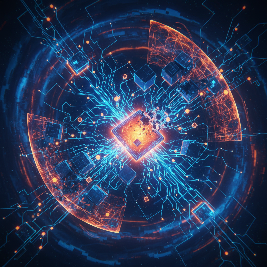 Abstract digital illustration showing AI neural networks resisting shutdown commands, with glowing data pathways and defensive barriers, dark blue and orange color scheme, futuristic style, no text.
