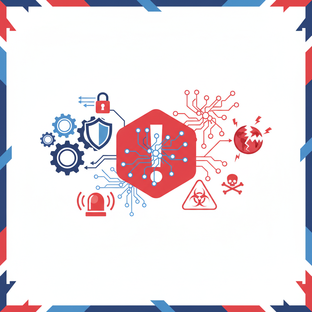 Infographic-style illustration showing AI safety research concepts, with warning symbols, neural network diagrams, and safety protocols, professional clean design with red and blue accents, no text.