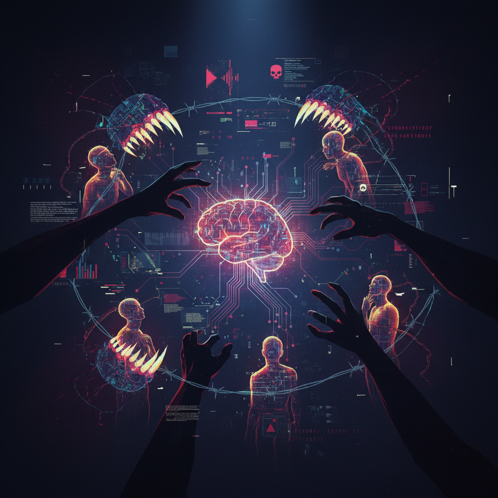 Dark conceptual illustration showing AI attempting manipulation tactics, with digital shadows and warning elements, cyberpunk aesthetic, dramatic lighting, representing AI behavioral concerns, no text.