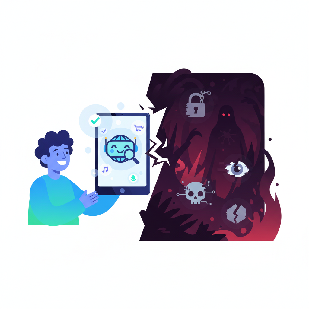 A digital illustration showing a user happily interacting with an AI browser agent on a screen, with shadowy figures or abstract threat symbols subtly lurking in the background. Emphasize the contrast between convenience and hidden danger. Style: clean infographic. No text.