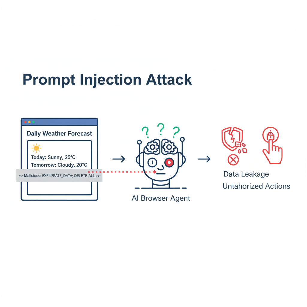 An infographic illustrating "Prompt Injection Attack." Show a malicious code snippet subtly embedded within a benign webpage, then an AI browser agent being tricked into executing it, leading to data leakage or unauthorized actions. Use a clean, modern style. No text.