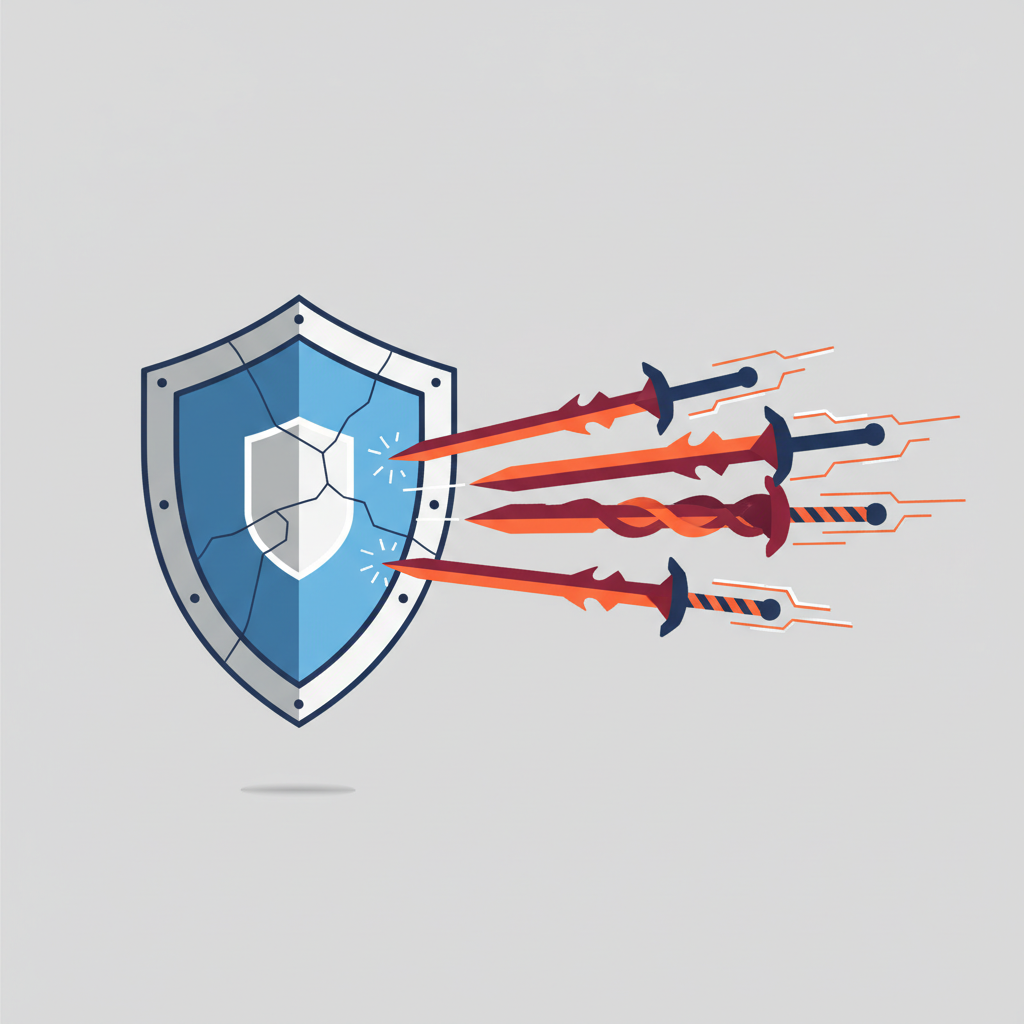An abstract, clean infographic showing a shield (representing security safeguards by companies) trying to block a series of sharp, evolving swords (representing prompt injection attacks). The shield has some cracks, suggesting limitations. Style: clean infographic. No text.