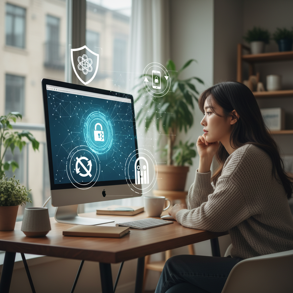 A Korean user at a desk, looking thoughtfully at a computer screen showing an AI browser agent interface. Around the user, icons representing strong passwords, multi-factor authentication, and limited access are subtly integrated into the scene. Style: lifestyle photography. No text.