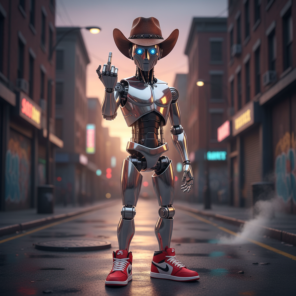 A humanoid robot in cowboy hat and Nike sneakers making a rude gesture with middle finger raised, urban street background, realistic photography style, dramatic lighting, no text