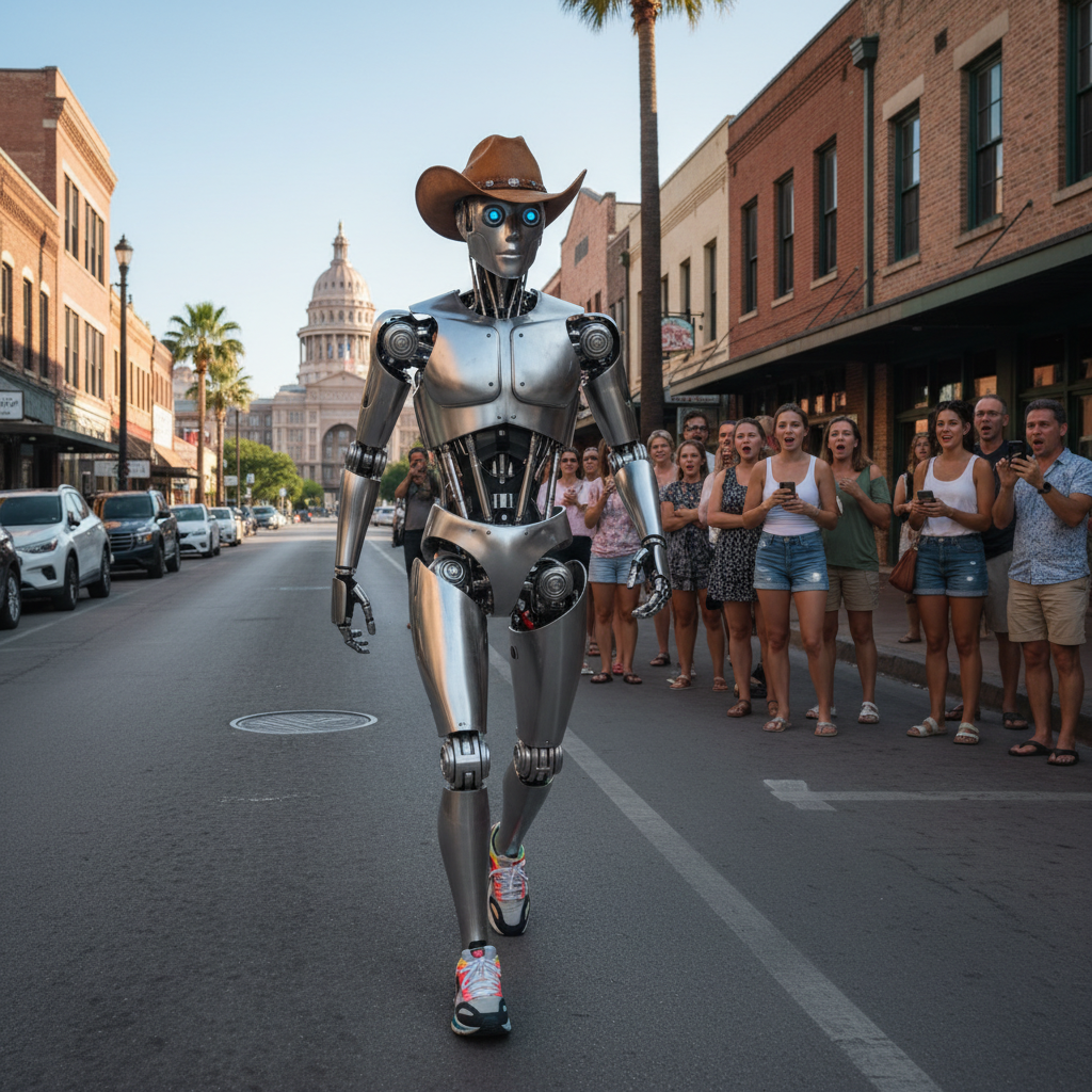 Humanoid robot walking on Austin street wearing cowboy hat and sneakers, people watching curiously in background, sunny day, street photography style, no text
