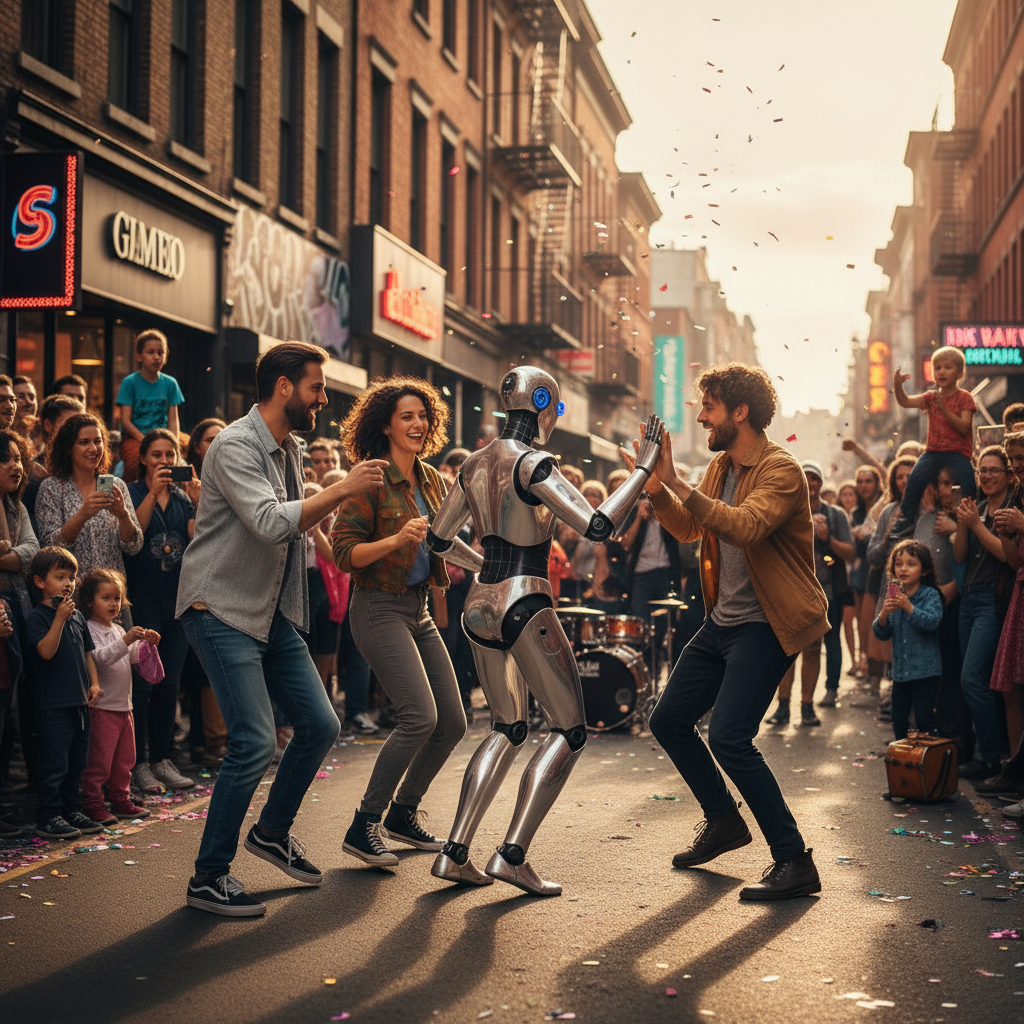 People dancing and interacting with humanoid robot in street performance, crowd watching excitedly, urban setting, candid street photography, vibrant atmosphere, no text