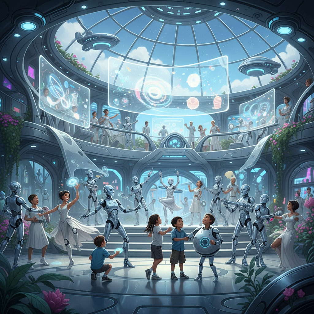 Futuristic scene showing harmonious interaction between humans and humanoid robots in entertainment setting, bright lighting, optimistic atmosphere, sci-fi illustration style, no text