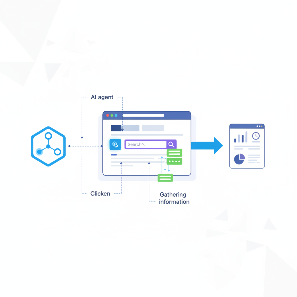 A detailed infographic illustrating how an AI agent within a browser interacts with a website. Show the AI (represented by a digital assistant or abstract AI symbol) performing tasks like clicking, searching, and gathering information on various web elements, with data flowing back to the user interface. Clean infographic style, no text.