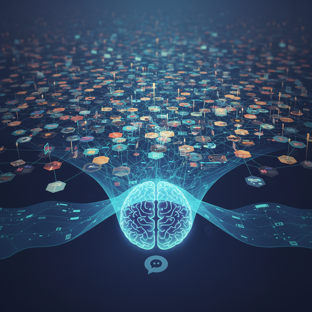 A conceptual illustration depicting the open web (represented by a vast, interconnected network of diverse websites) gradually being filtered or mediated by an AI interface (represented by a stylized AI brain or chatbot icon in the foreground). The overall atmosphere should raise questions about accessibility and the future of independent content. Illustration style, no text.