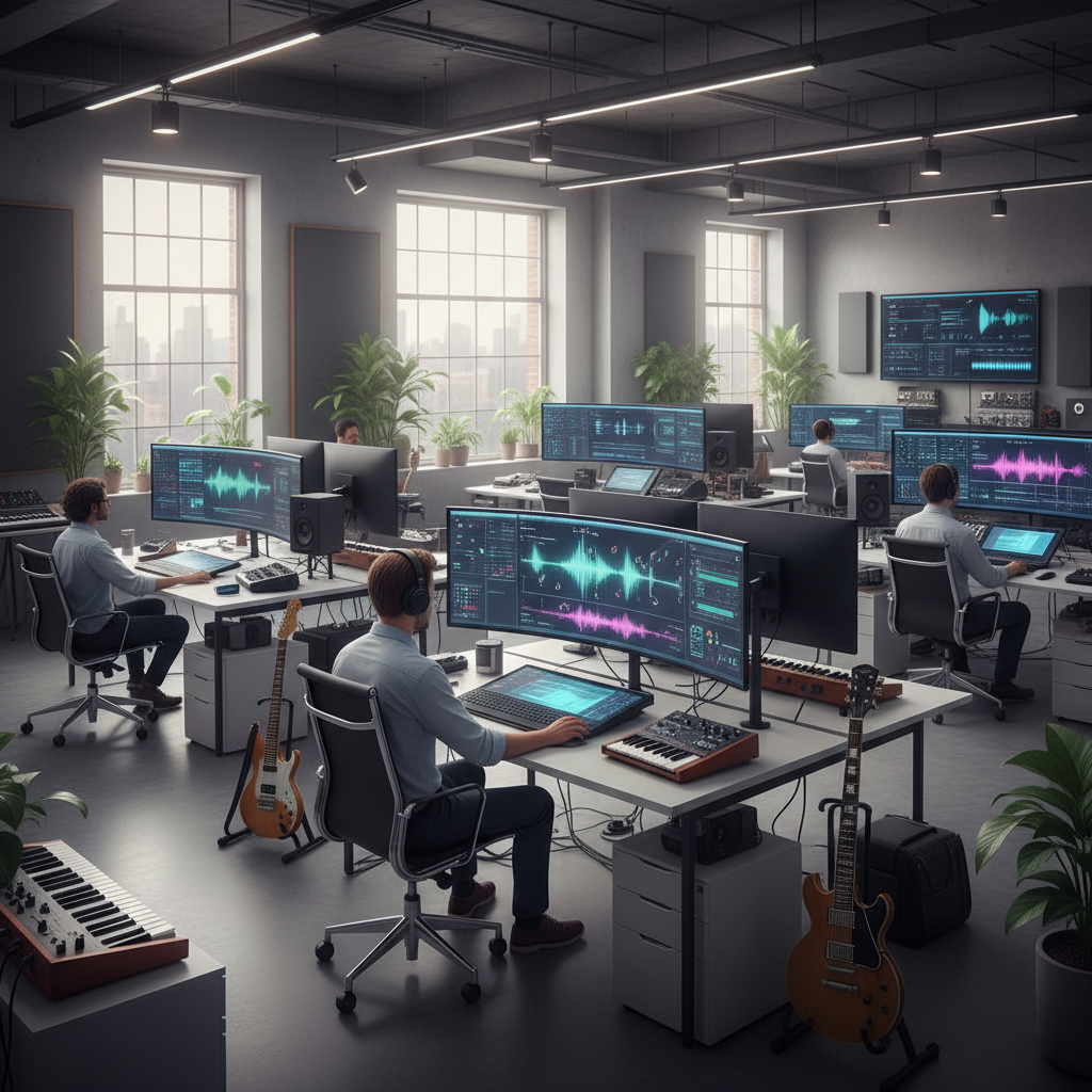 A modern tech workspace showing AI music generation development, with computer screens displaying waveforms and musical notes, developers working on audio technology, clean office environment with musical equipment, professional lighting, no text