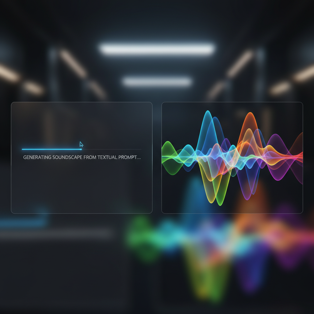 Split screen showing text input on one side and musical waveforms being generated on the other, modern interface design, vibrant colors representing sound waves, clean digital workspace, no text