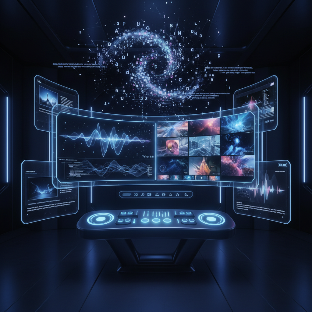 Futuristic interface showing integration of text, video, and music generation tools, holographic displays with multimedia content creation, sleek modern design, blue and purple lighting, no text