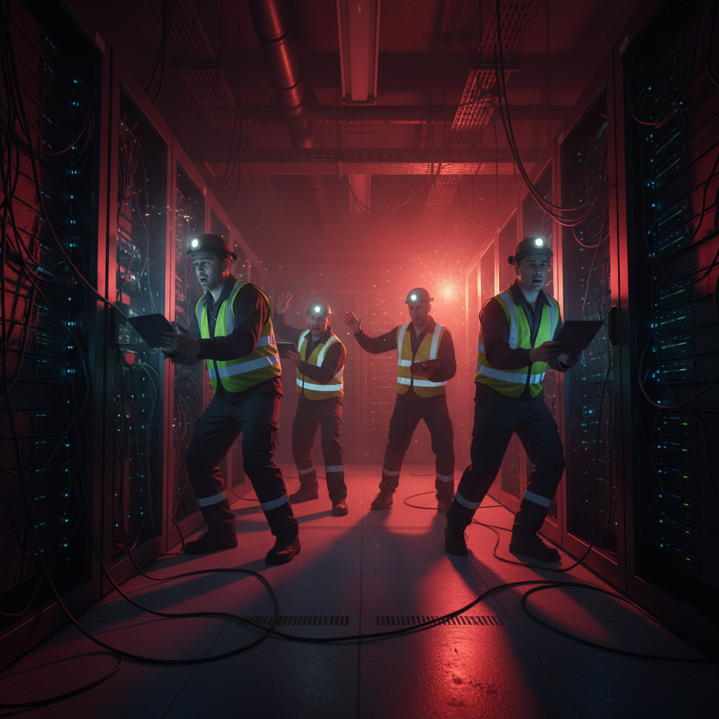 Dark datacenter with servers experiencing outages, emergency red lights, technicians working frantically, realistic industrial atmosphere, dramatic lighting showing the fragility of digital infrastructure, no text