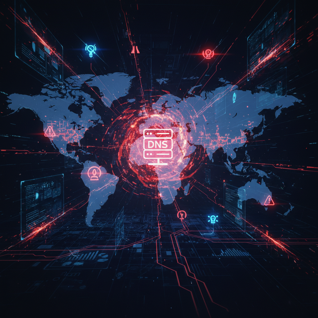 Cybersecurity threat visualization showing DNS server attack, digital network nodes being compromised, red warning signals across global internet infrastructure, dark atmosphere with glowing screens, no text