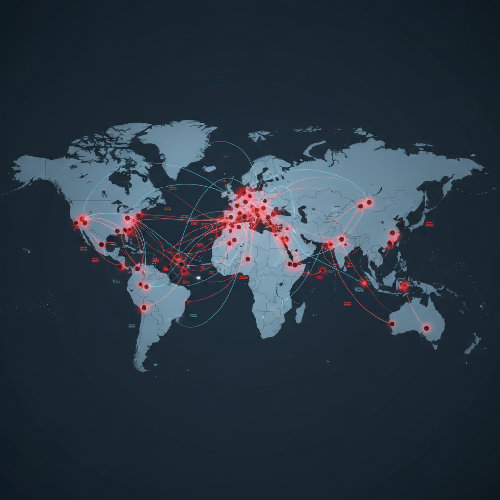 Complex network protocol visualization showing BGP routing errors, interconnected nodes failing in cascade effect, technical diagram style with red error indicators spreading across global network map, no text