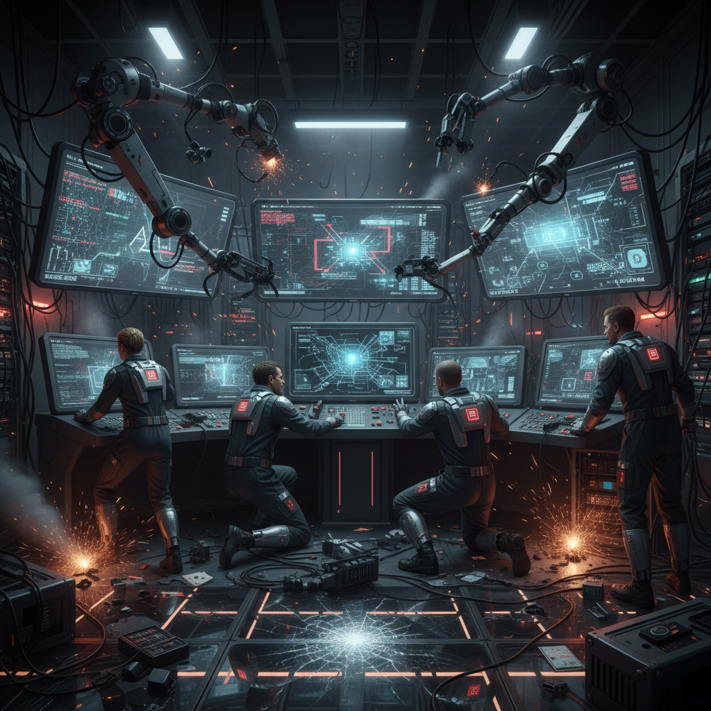 Control room with AI systems malfunctioning, multiple screens showing error messages, automated systems failing, engineers trying to regain manual control, futuristic but chaotic atmosphere, no text