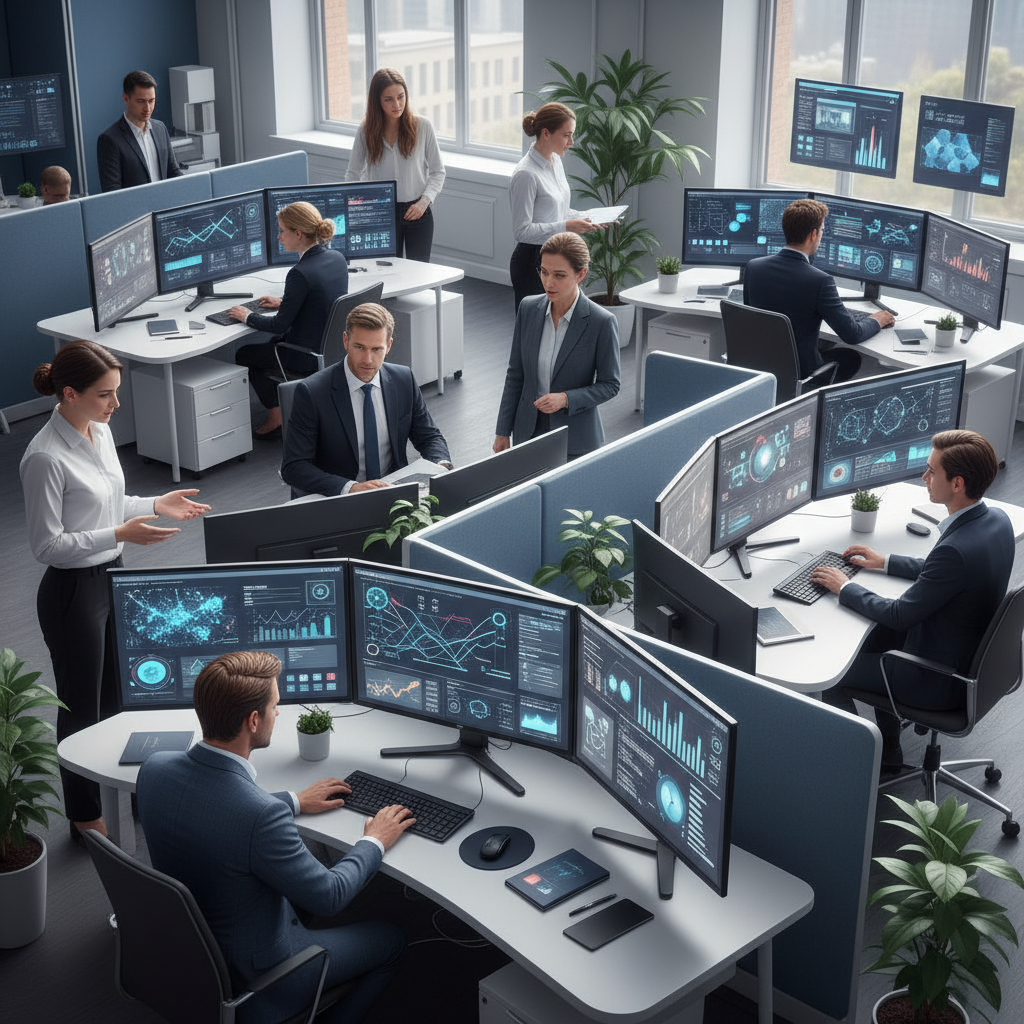 Modern office environment showing diverse AI experts and domain specialists collaborating on computer screens, with data visualization and AI model training interfaces visible. Professional atmosphere with natural lighting, clean workspace setup. No text.