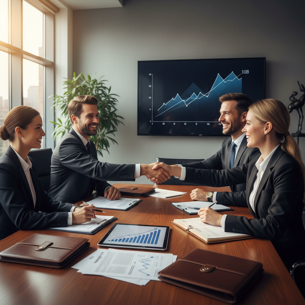 Professional business meeting scene with investment documents, growth charts showing exponential curve from 2B to 10B valuation, handshakes between investors and entrepreneurs. Corporate boardroom setting with natural lighting. No text.