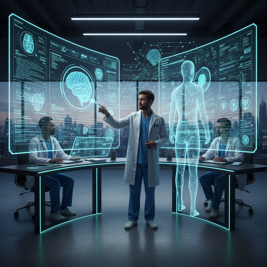 Healthcare professional reviewing medical data on multiple screens while collaborating with AI systems, showing human expertise guiding artificial intelligence. Modern medical facility with advanced technology setup. No text.