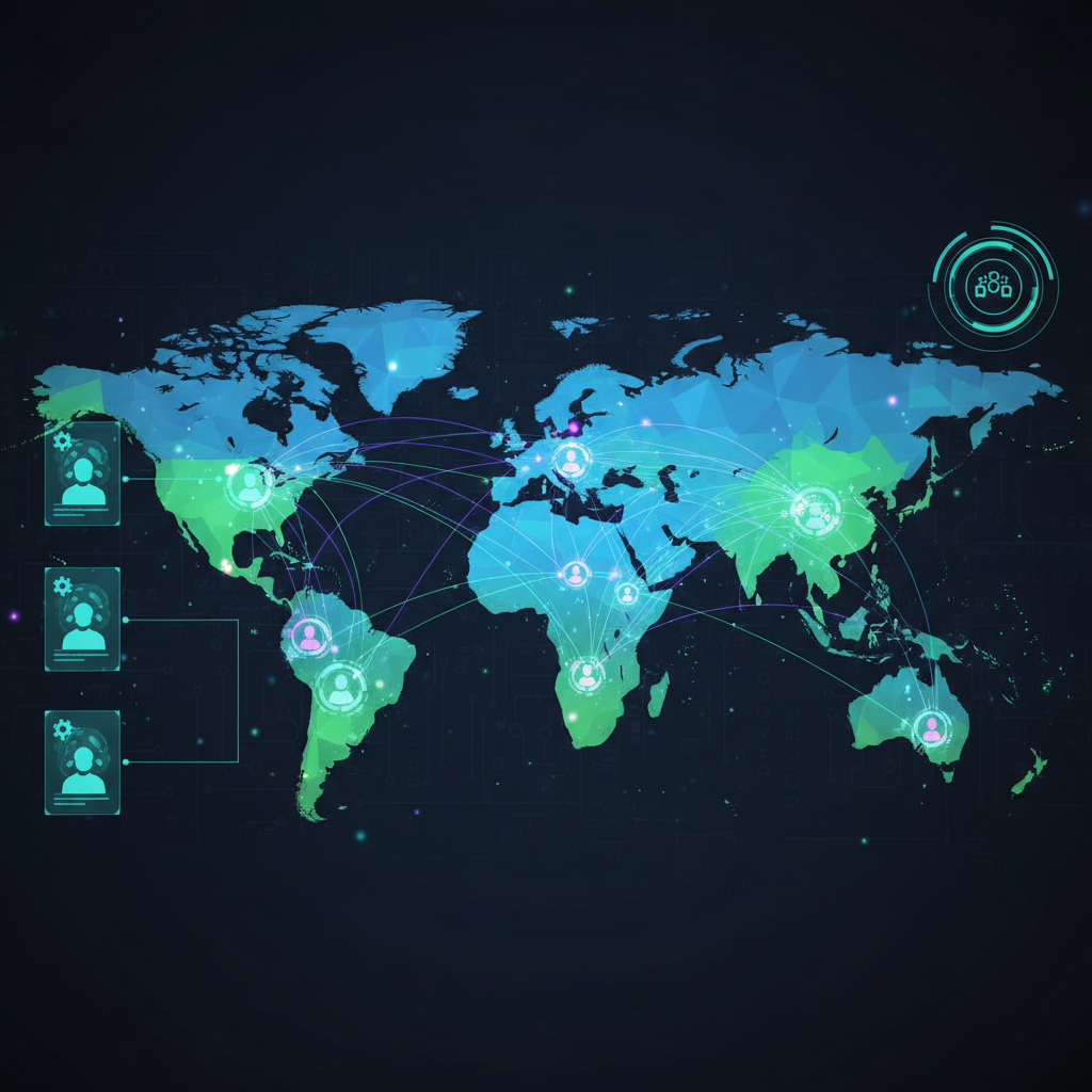 Global network visualization showing connections between AI experts, companies, and specialized professionals across different continents. Digital interface with world map, connection lines, and professional profiles. Clean infographic style. No text.