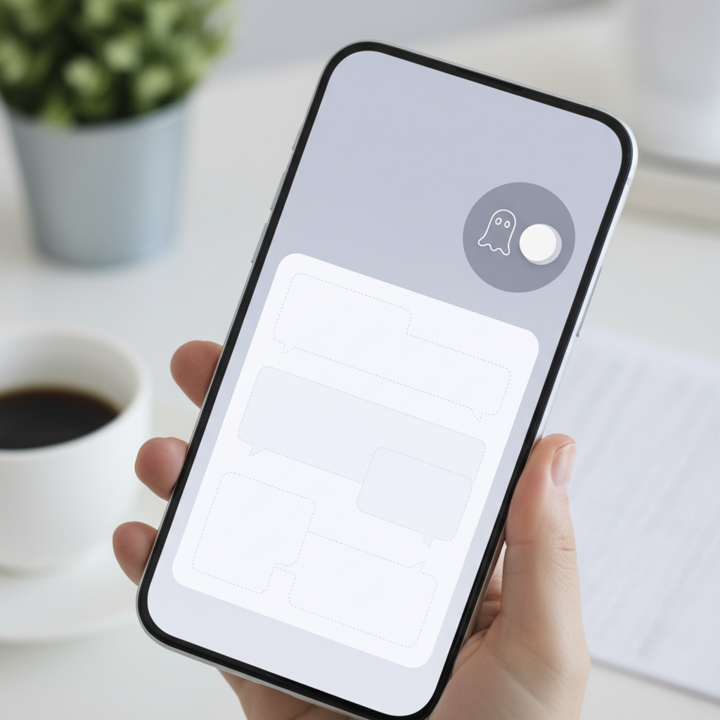 Modern smartphone screen showing a social media app compose interface with a ghost icon toggle button. Clean UI design with dotted conversation bubble elements, soft lighting, minimalist style. No text.