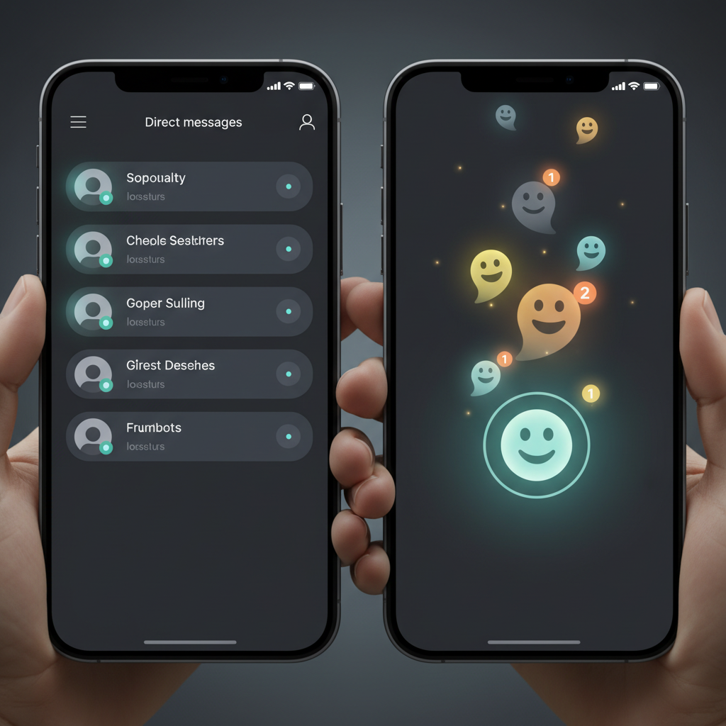 Split screen showing direct messages interface and ghost post reactions with smiley face icons. Modern app design, clean layout, subtle notification badges. No text.