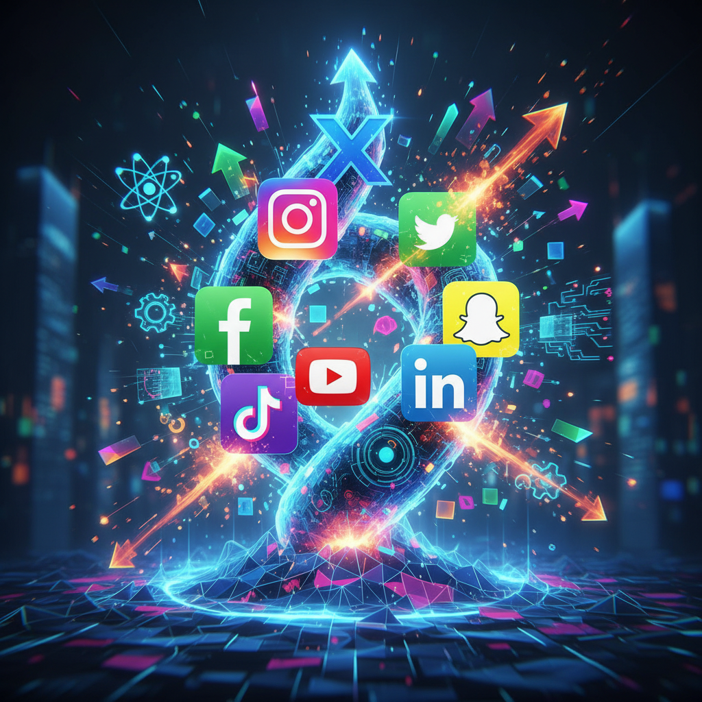 Abstract representation of social media competition with multiple platform icons and innovation symbols. Dynamic composition showing technological advancement, modern digital landscape. No text.