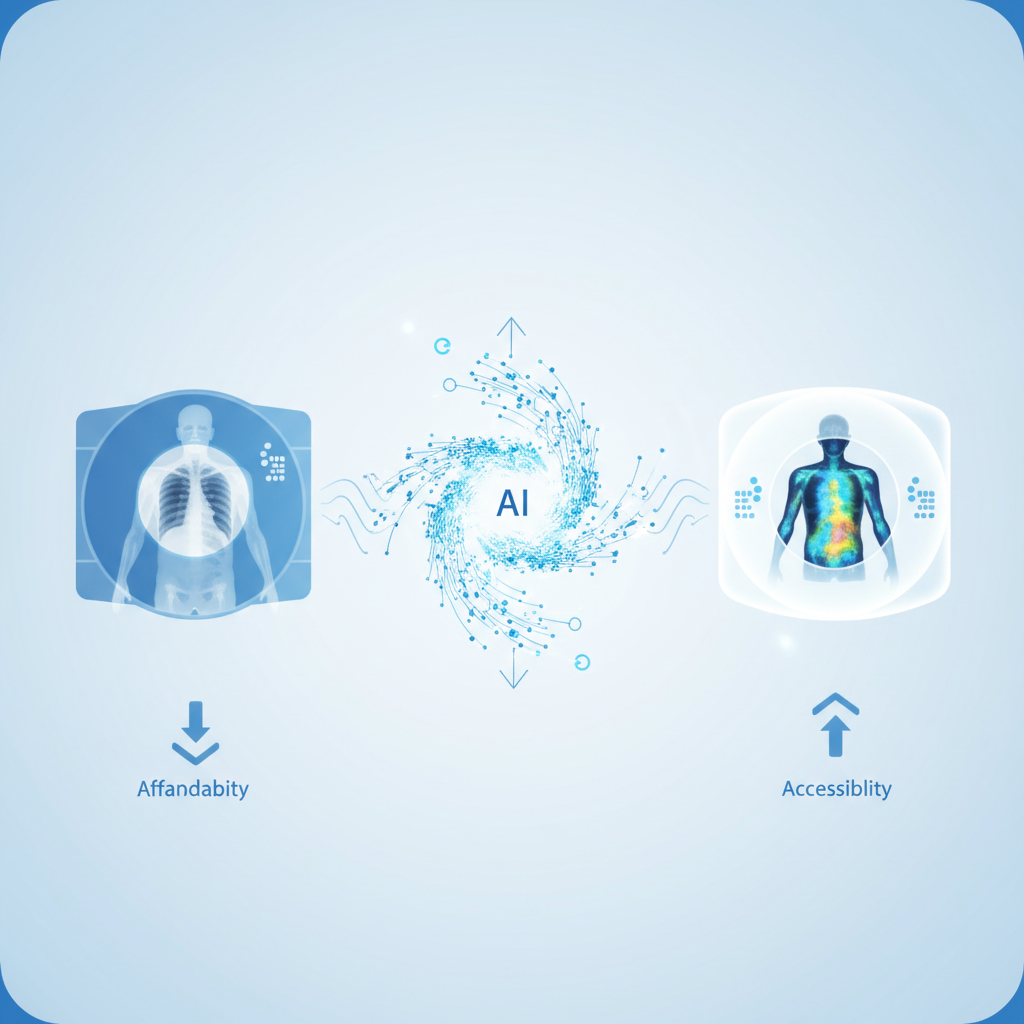 A futuristic, clean infographic illustrating the transformation of medical diagnostics with AI. Show a CT scan image evolving into a PET scan image, representing affordability and accessibility. Soft blue and white color scheme. No text.