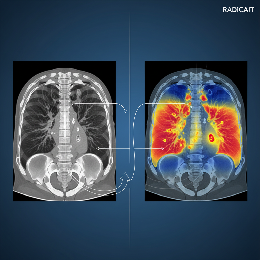 A side-by-side comparison infographic of a human chest CT scan and an AI-generated PET scan from RADiCAIT. Visually demonstrate the transformation and similarity by highlighting specific anatomical and physiological features. Clean, scientific style with clear visual cues. No text.