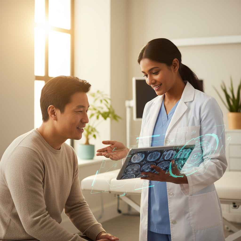 A vibrant lifestyle photography showing a doctor and a patient in a modern, well-lit clinic, both looking at a tablet displaying medical images. The doctor is explaining something, and the patient looks relieved and engaged. Emphasize improved accessibility and efficiency in diagnostic imaging thanks to AI. Diverse characters, warm lighting, soft focus background. No text.
