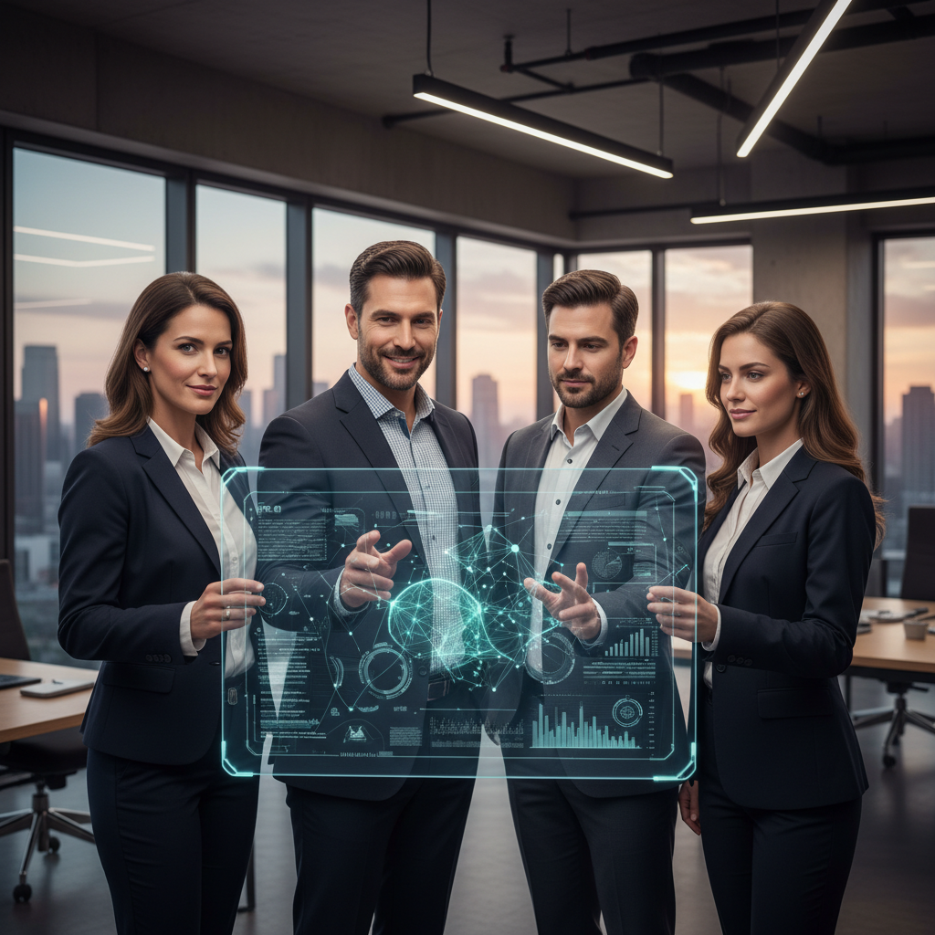A professional group portrait of the RADiCAIT leadership team (COO, CEO, CTO, CMIO) in a modern office setting. They are standing confidently and smiling subtly, perhaps looking towards a screen or a common point of interest. Emphasize collaboration, pioneering spirit, and technological expertise. Clear focus on faces, good natural lighting. No text.