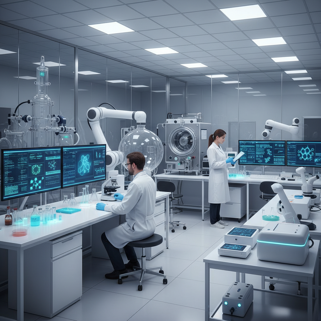 A modern biotech laboratory with AI computers and gene therapy equipment, scientists working with CRISPR technology, futuristic medical devices, clean scientific environment, bright lighting, no text