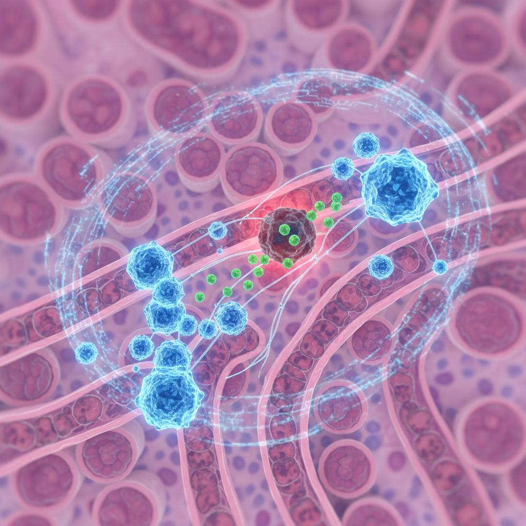 Microscopic view of kidney cells with targeted drug delivery system, AI-guided medicine particles reaching specific diseased cells, scientific visualization, medical illustration style, no text