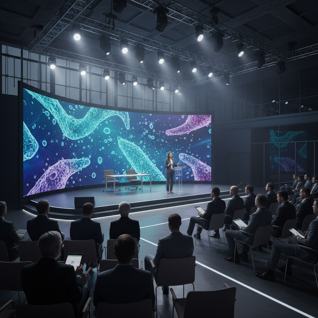 Modern tech conference presentation stage with biotech startup pitch, audience of investors and entrepreneurs, professional conference setting, bright stage lighting, no text