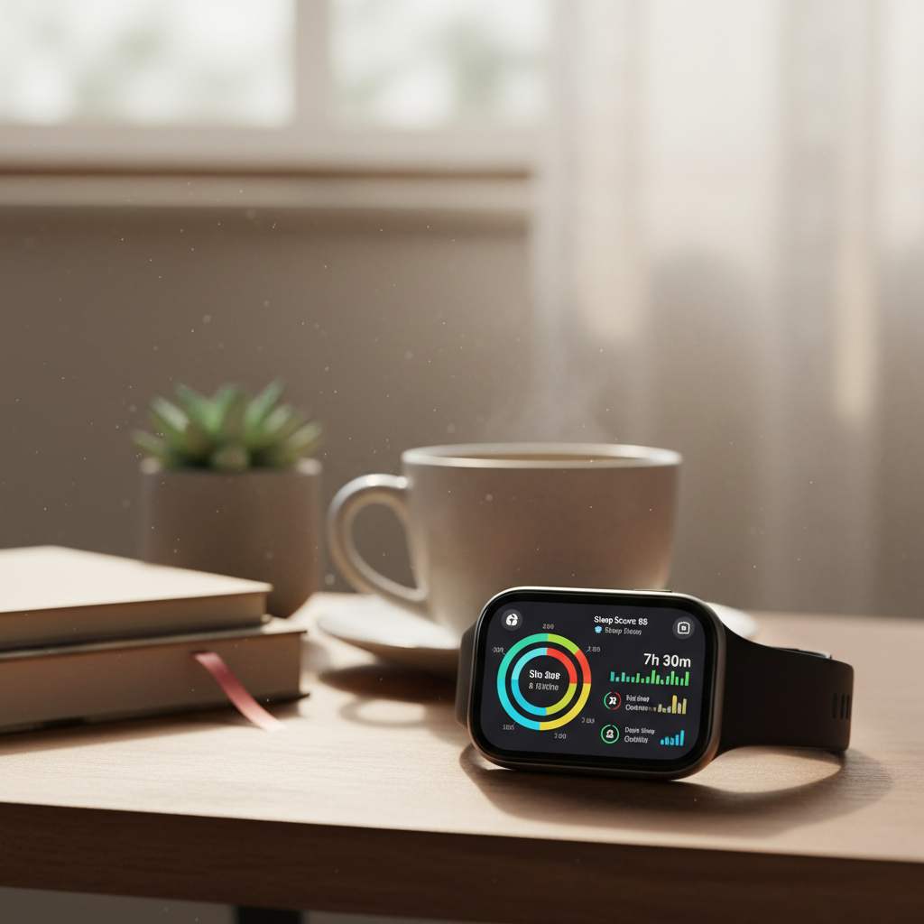 Smartwatch displaying detailed sleep analysis with colorful charts showing sleep stages and quality metrics, bedside table setting with soft morning light, lifestyle photography, no text